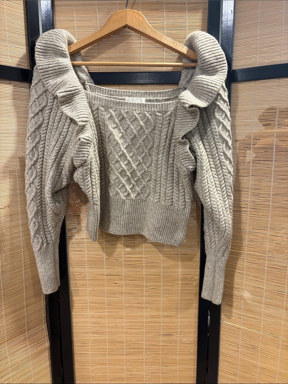 H&M Cream Off-the-Shoulder Cable Knit Sweater with Ruffle Detail